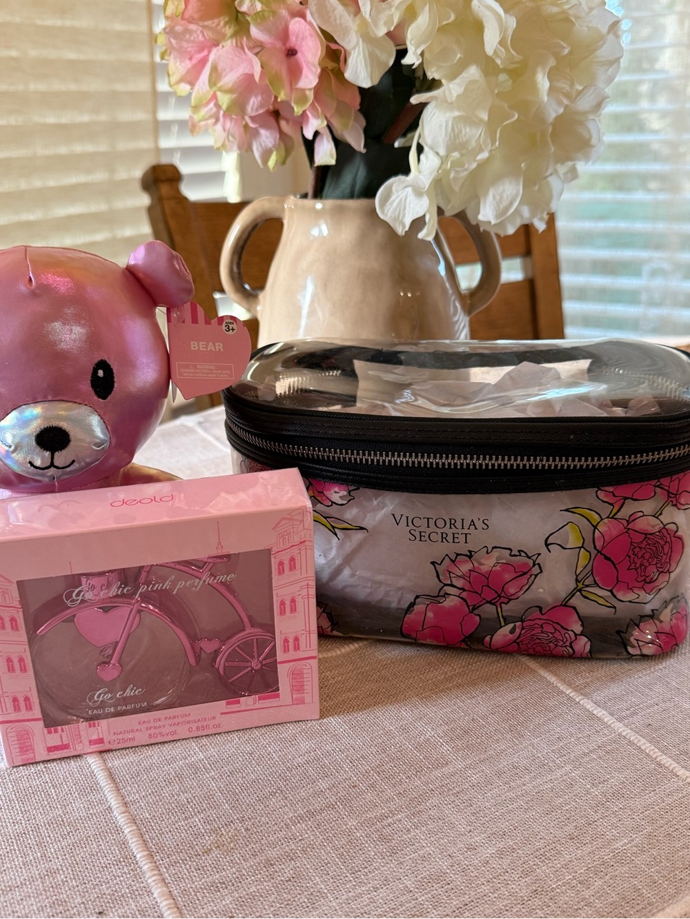 Victoria's Secret Bundle Floral Clear Cosmetic Pouch NEW Pink perfume and Teddy